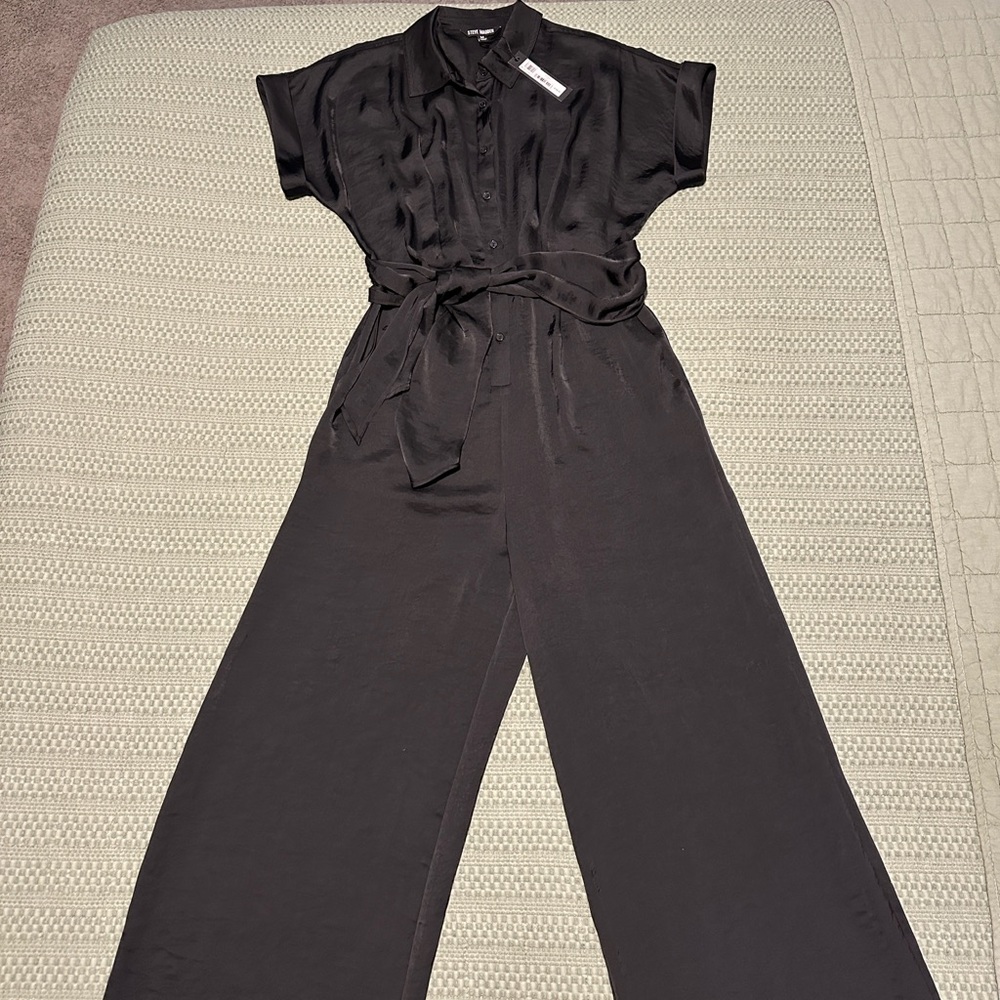 Steve Madden Black Satin Button-Front Wide-Leg Jumpsuit